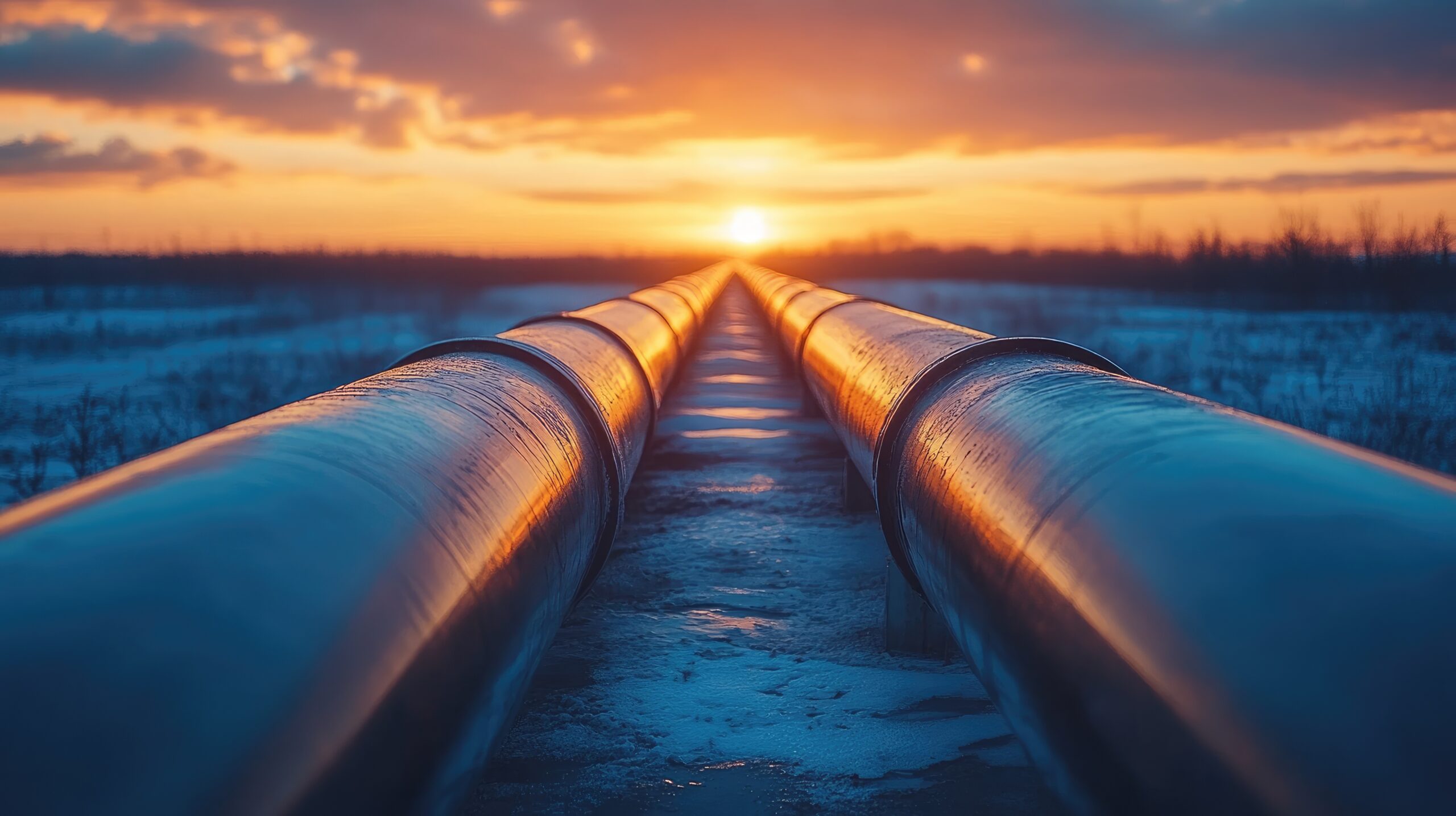 Two large industrial pipes stretching into the distance at sunset.
